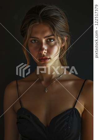 A woman wearing a black dress and a silver necklace 122517379