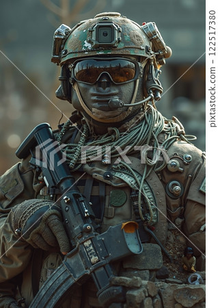 A man in a military uniform holding a machine gun 122517380