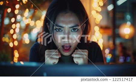A woman looking at a laptop screen with her mouth open A woman looking at a laptop screen with her mouth open 122517417