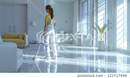 A woman cleaning the floor with a mop in a living room 122517446