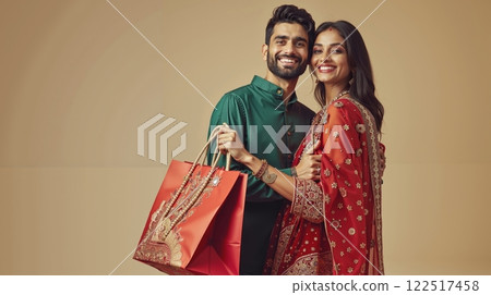 A man and woman in traditional indian clothing holding shopping bags 122517458