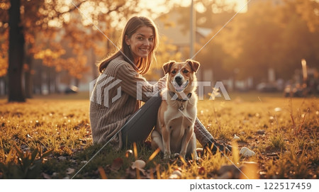 A woman sitting in the grass with her dog 122517459
