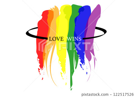 Love Wins watercolor poster design for celebration of LGBTI rights and parades with rainbow colors. Hand drawn colorful lgbt logo brush strokes. Vector isolated on white background 122517526