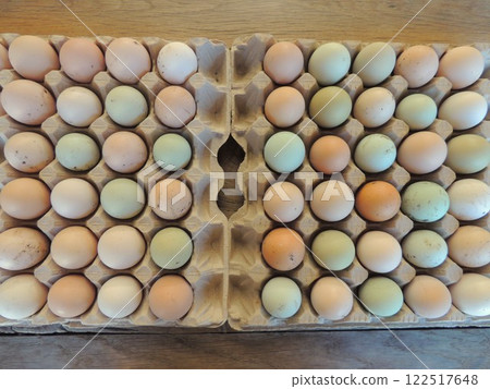 colored eggs of domestic hens of different breeds lying in cardboard cells on a wooden table, seen from above, selected chicken eggs for incubation with dirty multi-colored shells colored eggs of domestic hens of different breeds lying in cardboard cells on a wooden table, seen from above, selected chicken eggs for incubation with dirty multi-colored shells 122517648