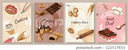 Bakery poster. Croissant, donut and cake. Cooking sweet food. Recipes cover. Confectionary shop design. Minimal contemporary banner. Culinary instruction cartoon flat isolated vector illustration Bakery poster. Croissant, donut and cake. Cooking sweet food. Recipes cover. Confectionary shop design. Minimal contemporary banner. Culinary instruction cartoon flat isolated vector illustration 122517653
