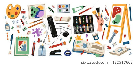 Paint art supplies. Brush tools, artist craft, different pen. Icon flat painting, painter school, hobby paintbrush. Creative stationery, handmade sketchbook vector tidy cartoon flat style isolated set Paint art supplies. Brush tools, artist craft, different pen. Icon flat painting, painter school, hobby paintbrush. Creative stationery, handmade sketchbook vector tidy cartoon flat style isolated set 122517662
