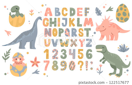 Dinosaur font. Dino English alphabet and number. Animals cartoon isolated, cute nursery decorative, adorable art. Childish drawing, happy letter for typography banner. Vector baby character set Dinosaur font. Dino English alphabet and number. Animals cartoon isolated, cute nursery decorative, adorable art. Childish drawing, happy letter for typography banner. Vector baby character set 122517677