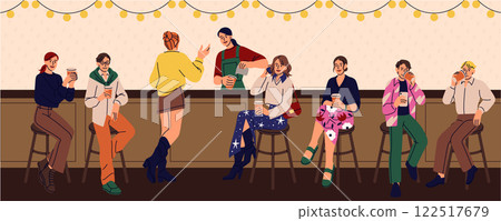 People in cafe. Characters at restaurant table. Food and morning coffee cup. Man drinking tea. Woman eating cake with cream. Persons sitting on counter stools in bar or cafeteria. Vector illustration People in cafe. Characters at restaurant table. Food and morning coffee cup. Man drinking tea. Woman eating cake with cream. Persons sitting on counter stools in bar or cafeteria. Vector illustration 122517679