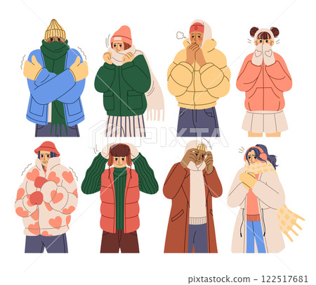 Winter character. Young persons in warm clothes. Frosty season weather. Hat or scarf. Fashionable apparel. Sweater and jacket. Trendy outfit. Woman and man is cold. Shivering cartoon people vector set Winter character. Young persons in warm clothes. Frosty season weather. Hat or scarf. Fashionable apparel. Sweater and jacket. Trendy outfit. Woman and man is cold. Shivering cartoon people vector set 122517681