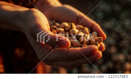 A person holding a handful of pistachios in their hands 122517863