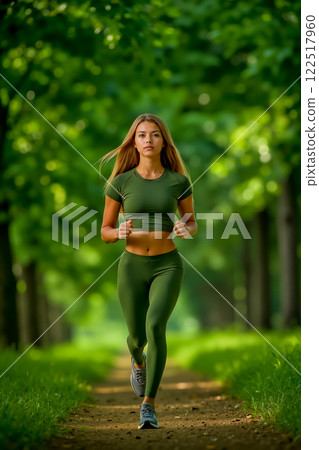 A woman jogging in a green outfit in the woods 122517960