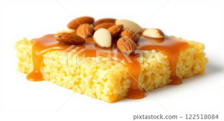 Delicious dessert featuring sweetened rice topped with caramel and mixed nuts enjoyed during festive celebrations 122518084