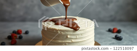 Drizzling chocolate sauce over a freshly frosted vanilla cake with berries on a rustic table 122518097