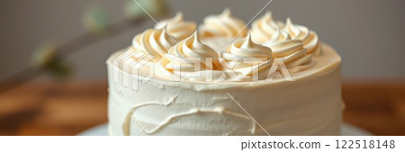 Beautifully decorated cream cake with swirled frosting on top, perfect for celebrations and gatherings 122518148