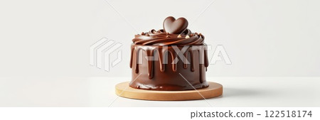 Chocolate cake with heart-shaped decoration on a wooden stand in a minimalist setting Chocolate cake with heart-shaped decoration on a wooden stand in a minimalist setting 122518174