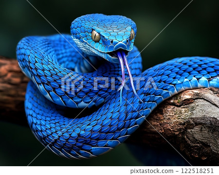 Striking blue snake coiled on a branch, with intricate scales and sharp eyes. Striking blue snake coiled on a branch, with intricate scales and sharp eyes. 122518251
