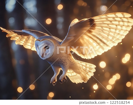 Majestic barn owl flying gracefully at sunset with golden lights in background. 122518254