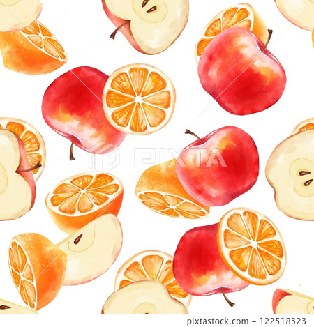Apple and and orange fruit seamless pattern. Hand-painted background for kitchen designs, prints, packages, wrapping paper, harvest theme. 122518323