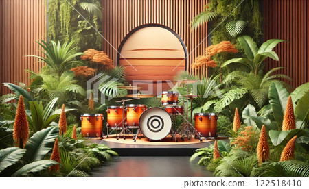 Orange drum set resonating in the jungle - the fusion of nature and music 122518410