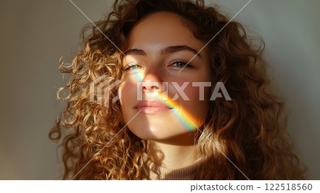 Woman with curly hair and serene expression, sunlight casting rainbow on her face. 122518560