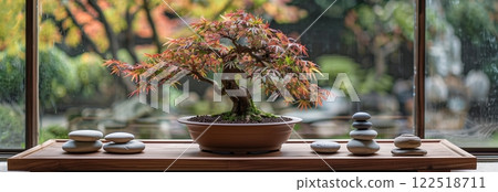 A beautiful bonsai tree displayed in a serene indoor setting with natural light. A beautiful bonsai tree displayed in a serene indoor setting with natural light. 122518711
