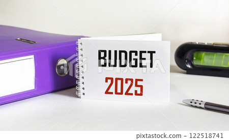 The text "Budget 2025" on a white background, next to the clock and folders 122518741