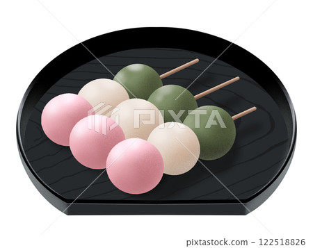 Three-colored dumplings on a black plate 122518826