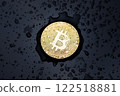 Digital Wealth Under Pressure: Bitcoin Coin in Water Droplets on Black Background 122518881
