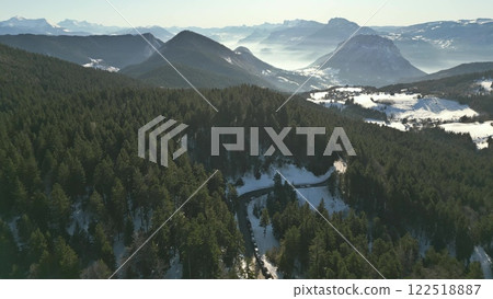 Aerial shot of the snow covered Chartreuse Mountains in winter, direction to Grenoble, France 122518887