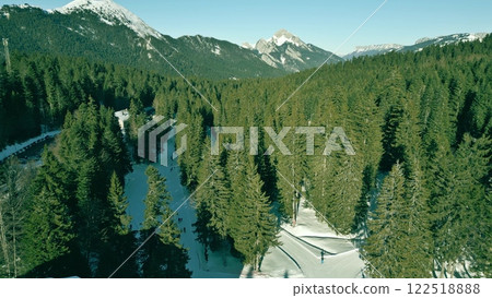 Drone aerial shot of Col de Porte ski resort in Chartreuse mountain range in winter, France 122518888