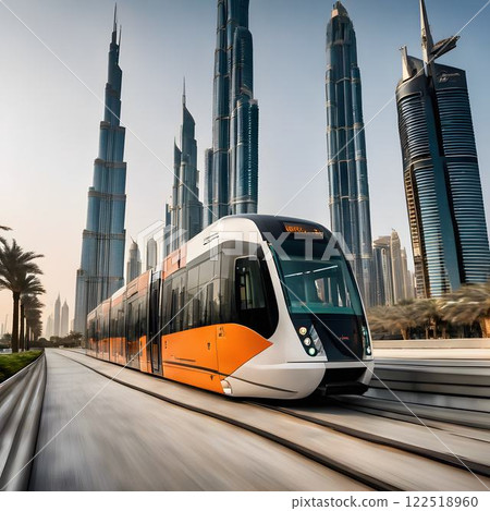 Modern Mobility: A Sleek Tram Amidst Dubai's Iconic Skyscrapers 122518960