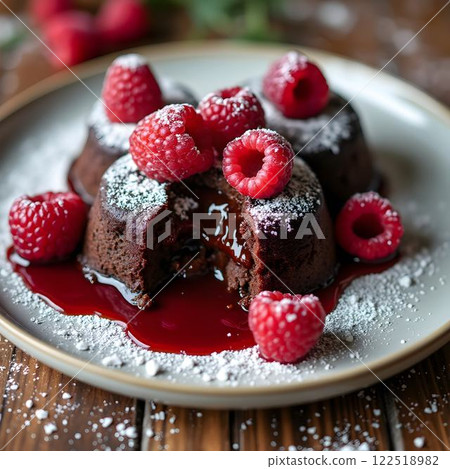 Decadent Chocolate Lava Cakes with Raspberry Sauce and Powdered Sugar Decadent Chocolate Lava Cakes with Raspberry Sauce and Powdered Sugar 122518982