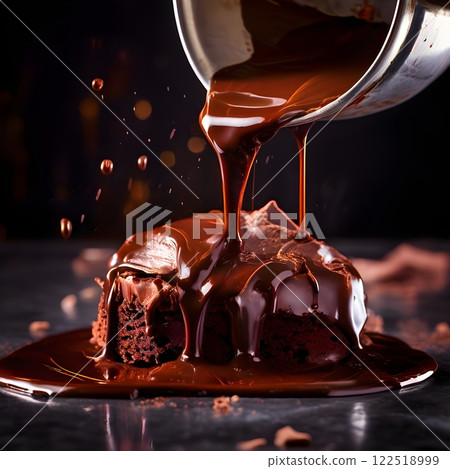 Gleaming Delight: Molten Chocolate Poured with Soft Lighting 122518999