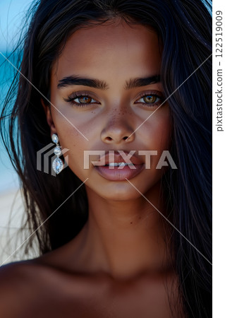 A woman with long black hair and a pair of earrings 122519009
