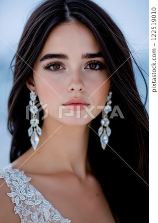 A woman with long dark hair wearing a white dress and earrings 122519010