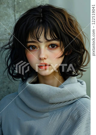 A woman with dark brown hair wearing a gray turtle neck sweater 122519041