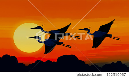 A group of birds flying in front of a sunset 122519067