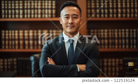 Professional man in a suit standing confidently with arms crossed in front of bookshelves filled with books 122519124