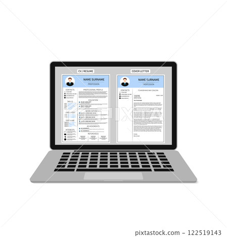 Resume template on laptop screen. Male CV and cover letter. Minimalistic curriculum vitae design. Employment, recruitment, human resources management or hiring concept vector illustration. 122519143