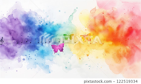 Watercolor painting with bright colors of rainbow colors, butterflies and musical notes on a white background Watercolor painting with bright colors of rainbow colors, butterflies and musical notes on a white background 122519334