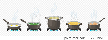 Flat Vector Pots And Pans On Gas Stove. Boiling Soup, Frying Eggs, Cooking Vegetables, Pasta, Boiling Eggs. Steam Rising From Cookware, Modern Kitchen. Cooking, Kitchen, Food Illustrations 122519515