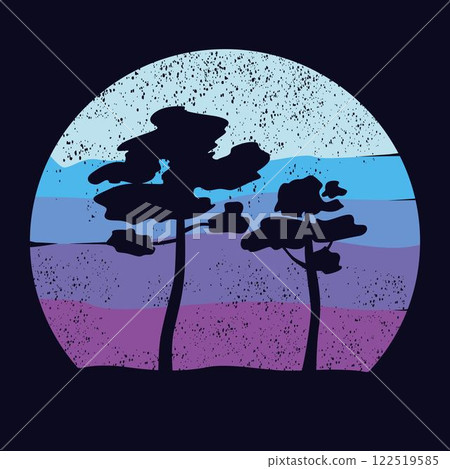 Retro sunset forest. 80s style grunge striped sunsets.Tourism or travel concept, adventure logo. Vector illustration. Retro sunset forest. 80s style grunge striped sunsets.Tourism or travel concept, adventure logo. Vector illustration. 122519585