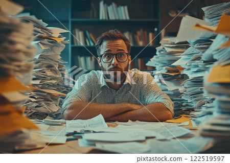 Overwhelmed employee surrounded by paperwork office photo indoor close-up stress management 122519597