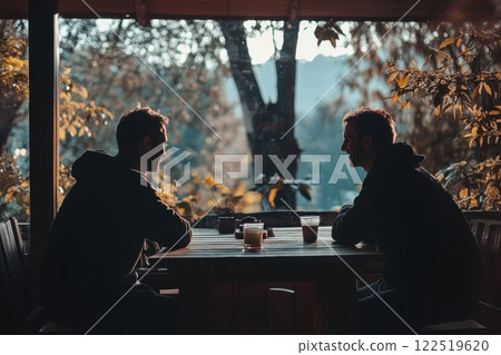 Two friends engaging in deep conversation amidst autumn foliage cozy setting lifestyle photography side view connection and bonding Two friends engaging in deep conversation amidst autumn foliage cozy setting lifestyle photography side view connection and bonding 122519620