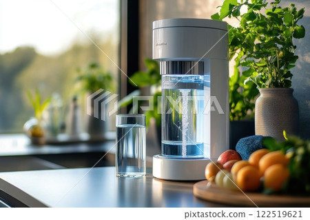 A white water dispenser sits on a counter next to a glass of water A white water dispenser sits on a counter next to a glass of water 122519621