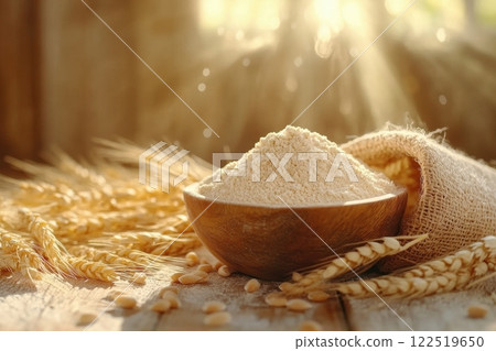 Flour production process bakery food photography rustic setting close-up view culinary artistry 122519650