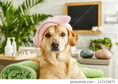 Pampered dog relaxing in a stylish home spa indoor setting pet lifestyle photography calm atmosphere adorable concept 122519673