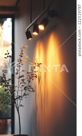 A plant is sitting in front of a wall with three lights shining on it A plant is sitting in front of a wall with three lights shining on it 122519797