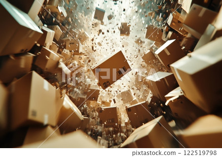 A box is flying through the air and is surrounded by many other boxes 122519798