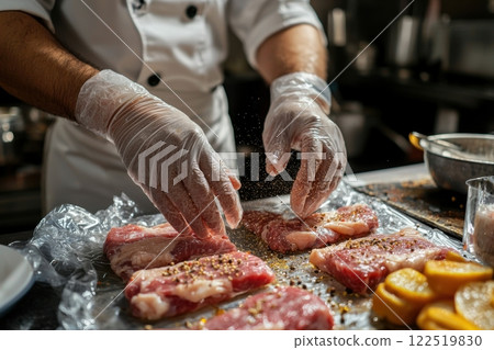 Chef seasoning fresh meats in a kitchen culinary preparation indoor close-up food concept 122519830